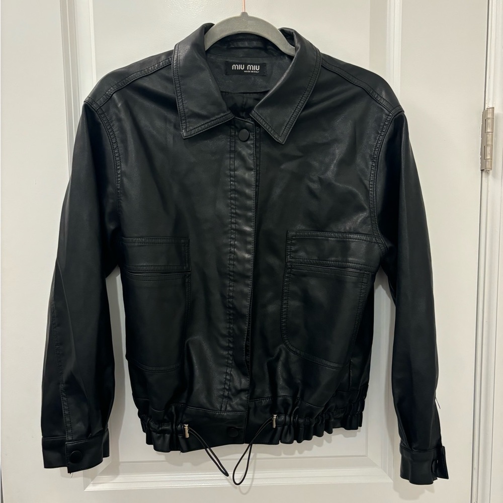 Miu Miu Black Leather Jacket Classic Collar Long Sleeves